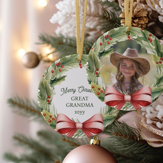 Merry Christmas Great Grandma Holly Wreath Photo Ceramic Ornament (Christmas Photo Ornament with red bow and holly wreath frame)