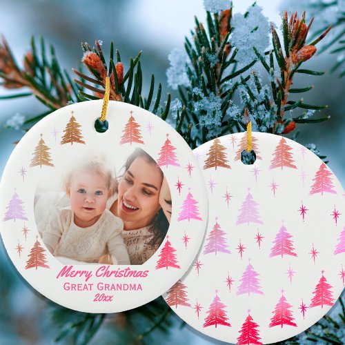 Merry Christmas Great Grandma Pink Gold Photo Ceramic Ornament