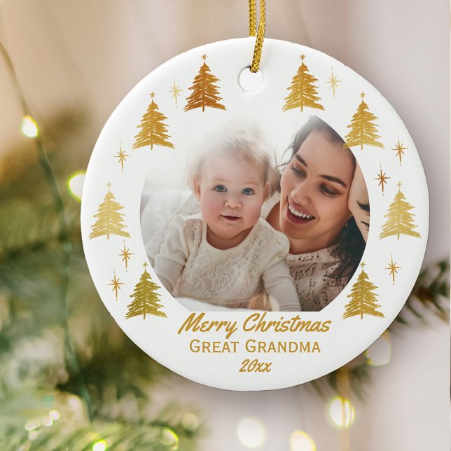 Merry Christmas Great Grandma - White Gold Photo Ceramic Ornament (Christmas photo ornament for Great Grandma)