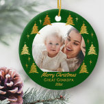 Merry Christmas Great Grandpa Green and Gold Photo Ceramic Ornament<br><div class="desc">Personalize this elegant Christmas ornament as a gift for Great Grandpa (or whoever you wish) as a keepsake for a new baby or just to share a lovely photo. The template is set up for you to add your favorite photo, your greeting, a name and the year. Your photo is...</div>