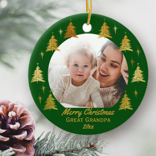 Merry Christmas Great Grandpa Green and Gold Photo Ceramic Ornament