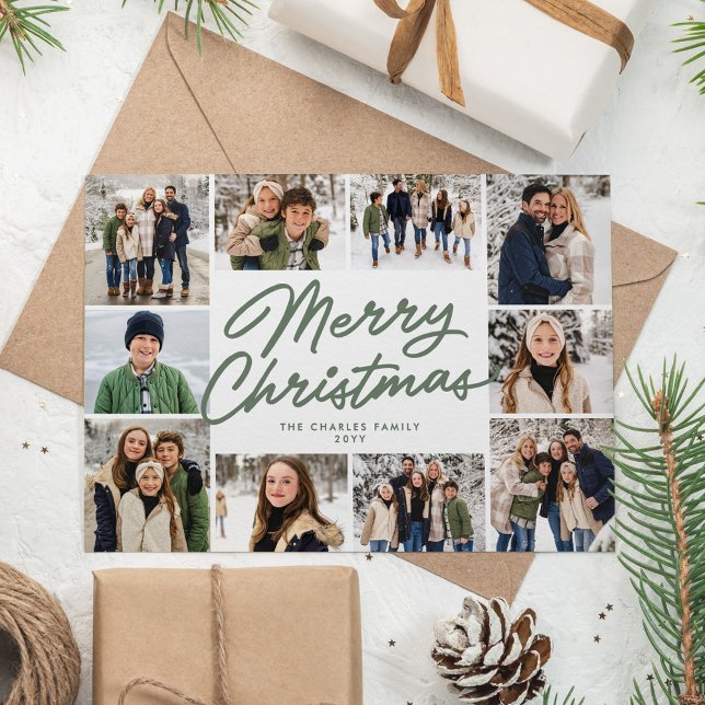 Merry Christmas green 10 photo collage Holiday Card (Creator Uploaded)