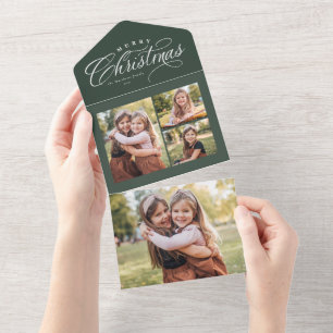 Merry Christmas green 4 photo holiday trifold All In One Invitation