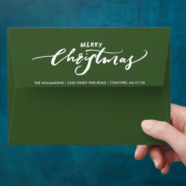 Merry Christmas Green 5X7 Custom Return Address Envelope (Hand)