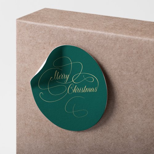 Merry Christmas green and gold elegant script Classic Round Sticker