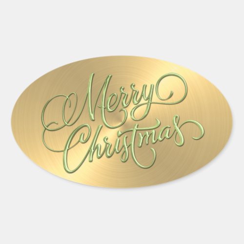 Merry Christmas Green and Gold  Embossed Look Oval Sticker