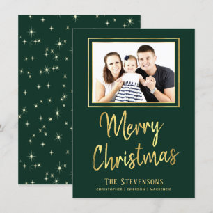 Merry Christmas Green and Gold Holiday Photo Invitation