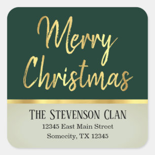 Merry Christmas Green and Gold Modern Address Square Sticker