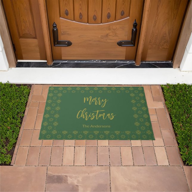 Merry Christmas Green and Gold Script Name Doormat (Outdoor)