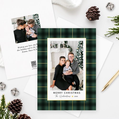 Merry Christmas Green and Gold Tartan Plaid Photo Foil Holiday Card