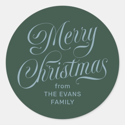 Merry Christmas green and light blue personalized Classic Round Sticker