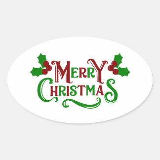 Merry Christmas Green and Red Holly Graphic Oval Sticker