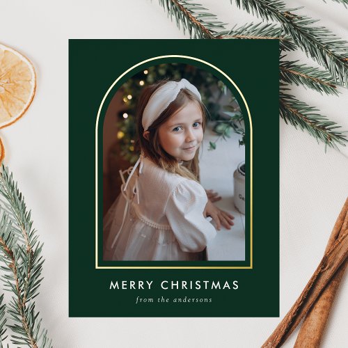 Merry Christmas Green Arch Photo Foil Holiday Postcard