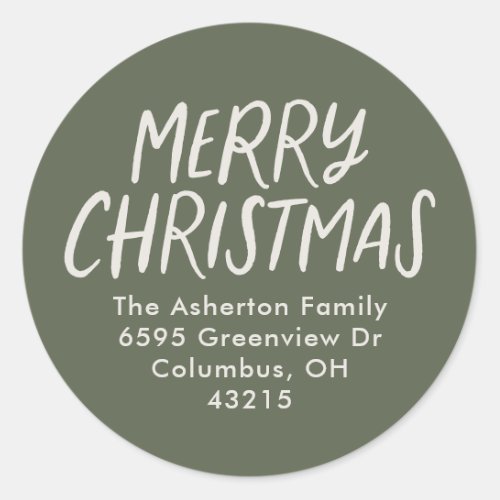 Merry Christmas green beige simple return address Classic Round Sticker