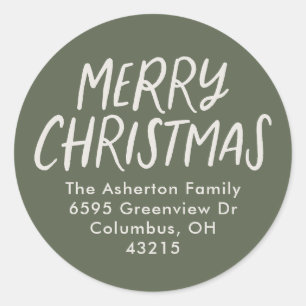 Merry Christmas green beige simple return address Classic Round Sticker