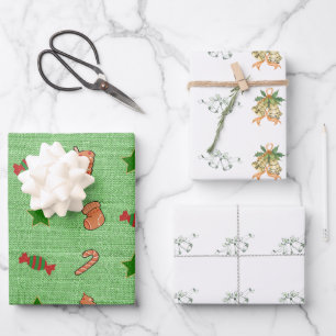 Merry Christmas Green Bells Cute Candy Socks Stars Wrapping Paper Sheets