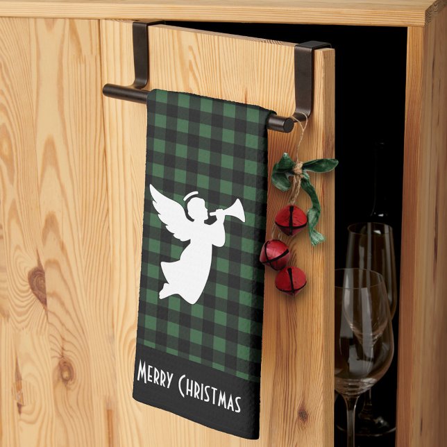 Merry Christmas Green & Black Buffalo Plaid Angel Kitchen Towel (Creator Uploaded)