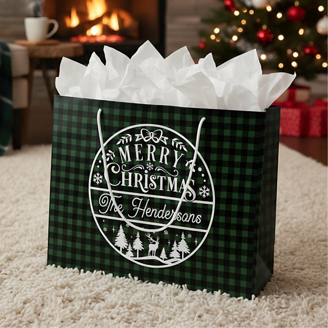 Merry Christmas Green & Black Buffalo Plaid Custom Large Gift Bag (Creator Uploaded)