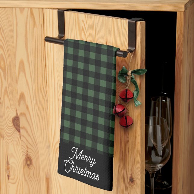 Merry Christmas Green & Black Buffalo Plaid Kitchen Towel (Creator Uploaded)