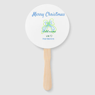 Merry christmas green blue bow add family name tex hand fan
