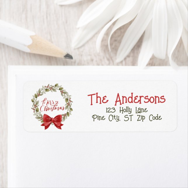 Merry Christmas Green Botanicals Red Holly Wreath Label (Insitu)