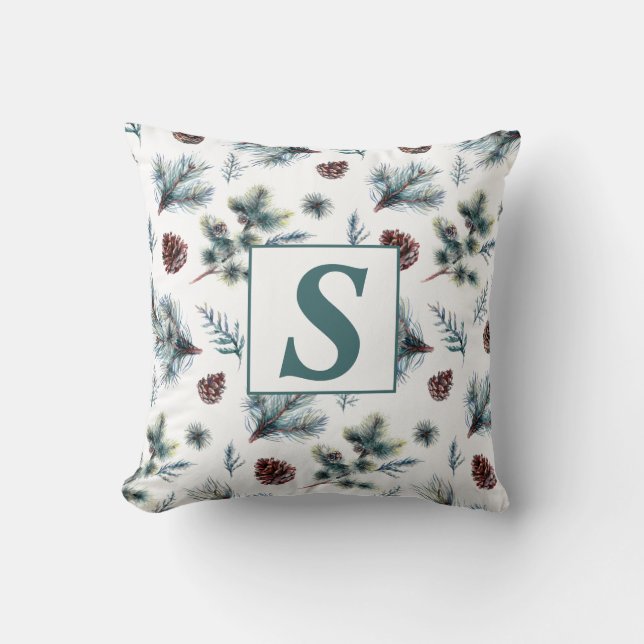 Merry Christmas Green Brown White Pine Monogram Throw Pillow (Front)