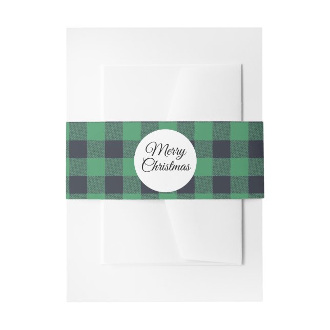 Merry Christmas Green Buffalo Black Plaid Pattern Invitation Belly Band (Front Example)