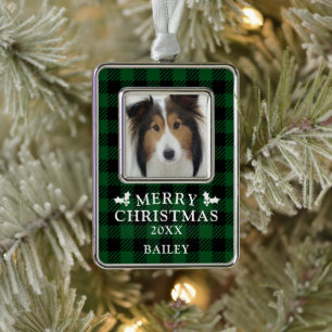 Merry Christmas Green Buffalo Check Dog Photo Ornament