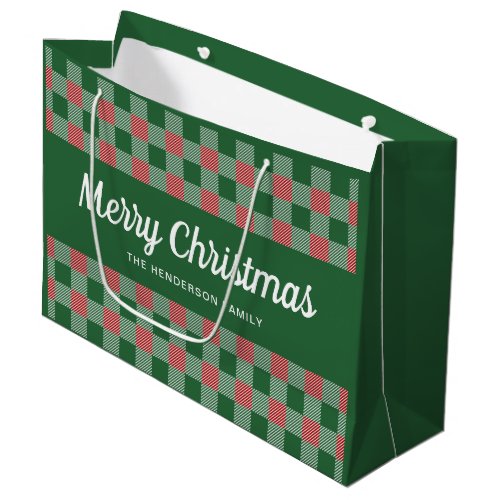 Merry Christmas Green Buffalo Plaid Checks Large Gift Bag