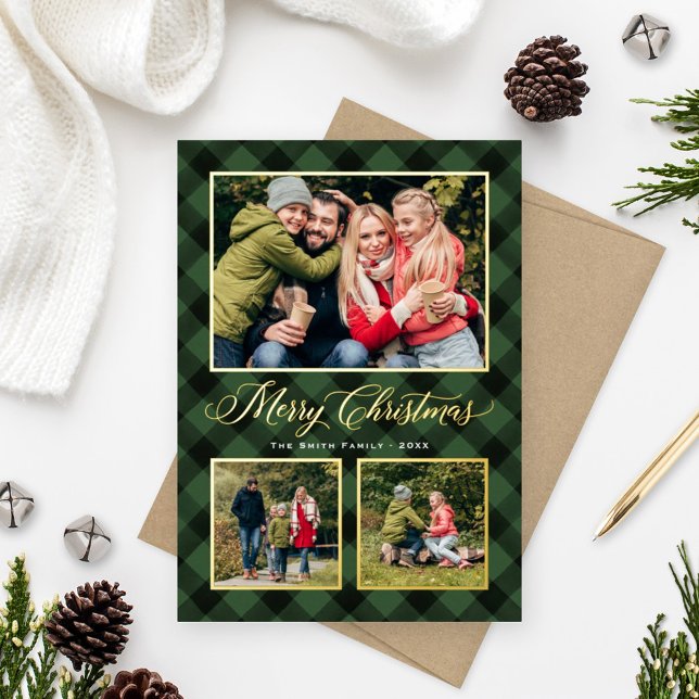 Merry Christmas Green Buffalo Plaid Photo Collage Foil Holiday Card (Creator Uploaded)