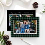Merry Christmas Green Buffalo Plaid Photo Holiday Card<br><div class="desc">Send holiday greetings with our rustic elegant photo cards featuring a dark hunter green and black buffalo check/ plaid pattern framing your favorite horizontal Christmas photo (3 x 5) on the front, with two extra square photo spaces on the back. Personalize the custom text on the front and back with...</div>