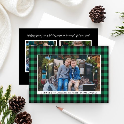 Merry Christmas Green Buffalo Plaid Photo Holiday Card