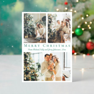 merry christmas green chic script family holiday letterpress photo cards