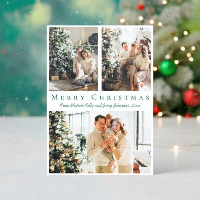merry christmas green chic script family holiday letterpress photo cards (Front (Into))
