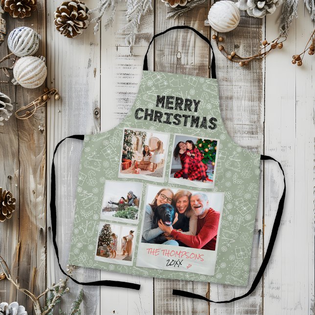 Merry Christmas Green Doodles 5 Photo Family Gift Apron (Creator Uploaded)