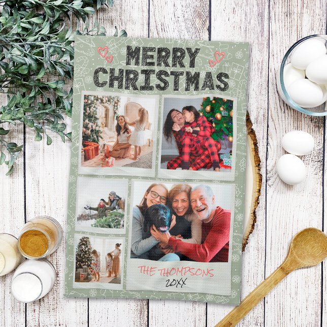 Merry Christmas Green Doodles 5 Photo Family Gift Kitchen Towel (Creator Uploaded)