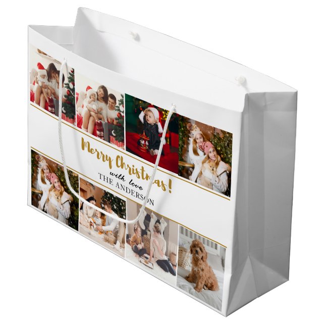 Merry Christmas Green Elegant Modern Photos Large Gift Bag (Front Angled)