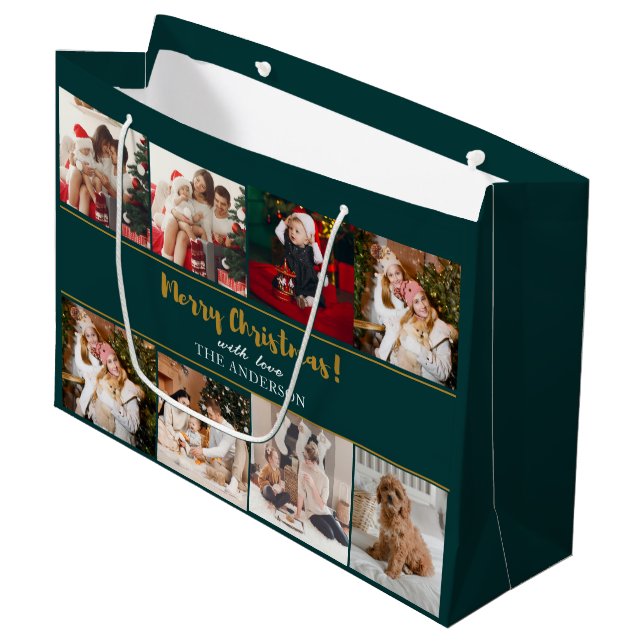 Merry Christmas Green Elegant Modern Photos Large Gift Bag (Front Angled)