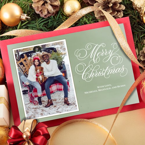 Merry Christmas Green Elegant Script Photo Holiday Card