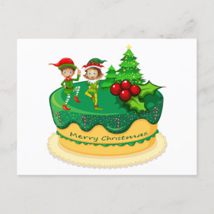 Merry Christmas Green Elves Dancing on a Cake Postcard