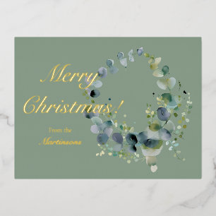 Merry Christmas Green Eucalytus Wreath Foil Holiday Postcard