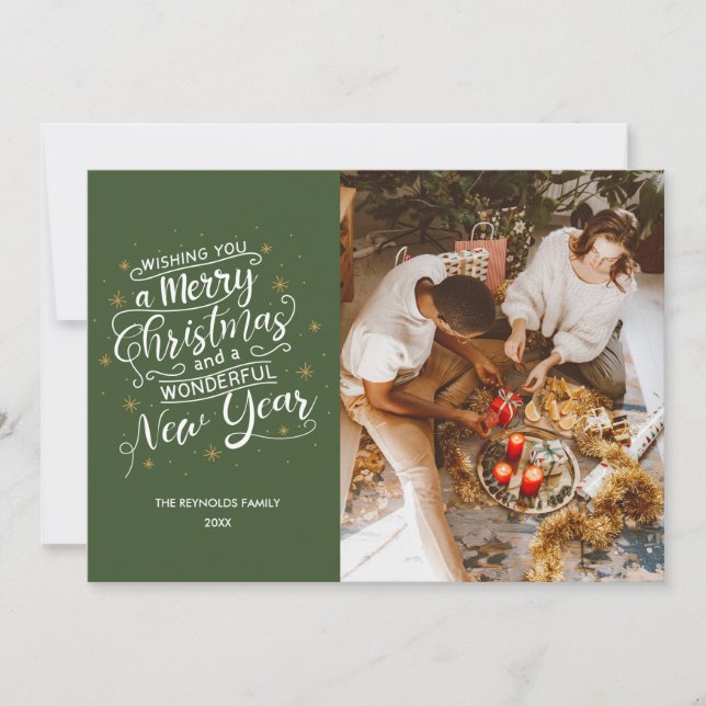 Merry Christmas Green Family Photo Holiday Card (Front)