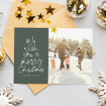 Merry Christmas green family photo Holiday Card<br><div class="desc">We wish you a Merry Christmas! This holiday photo card features a classic message in a fun Christmas tree shape on a green background. With a photo on the front and one on the back, it's a great way to send Christmas cheer to friends and family. The playful type treatment...</div>