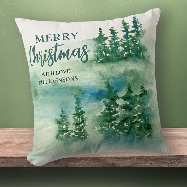 Merry Christmas Green Forest Trees Gift Throw Pillow (Stylishly Personalize with Your Custom Name & Year)