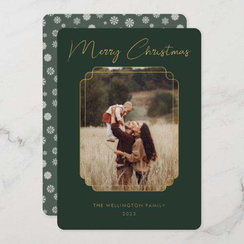 Merry Christmas Green Frame Snowflake Photo Foil Holiday Card