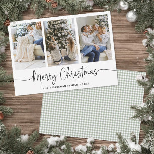 Merry Christmas Green Gingham Minimalist Photo Holiday Card