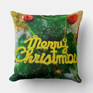 Merry Christmas Green Glitter Christmas Tree Holid Throw Pillow