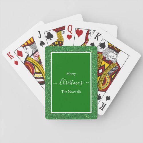 Merry Christmas green glitter family name Playing Cards