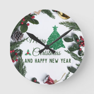 Merry christmas- green glitter   round clock