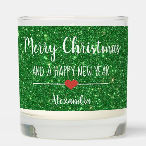 Merry Christmas green glitter script name Scented Candle